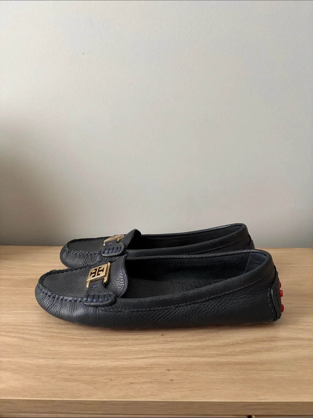 Tory Burch Navy Leather Loafers with Gold Logo Accent